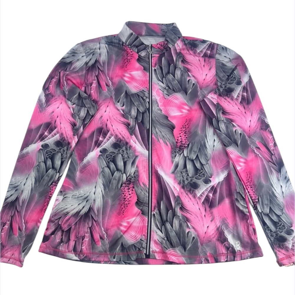 SofiBella Women's Athletic Zip-Up Jacket –‎ Pink & Gray Feather Print Size 2XL